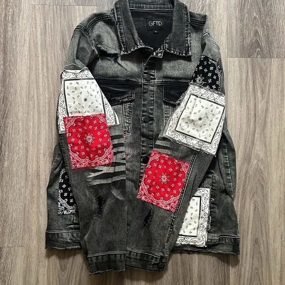 Giftd Tour Black and Red Jean Jacket Bandana Handmade Distressed Denim Large